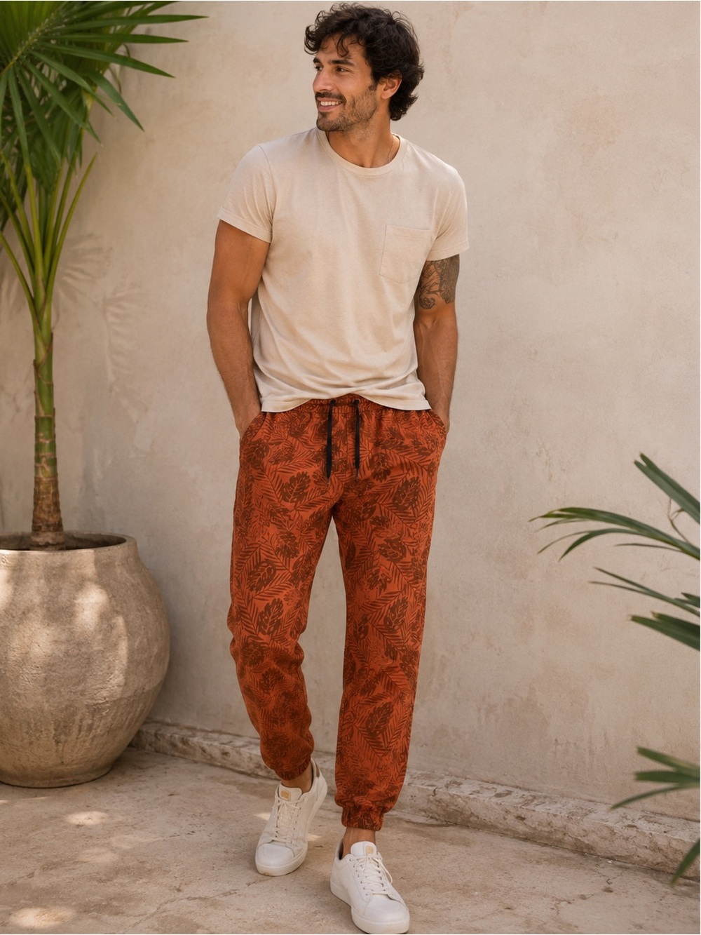 KAYDEN.K Tropical Monstera Leaf Jogger Pants Rust Orange Size 30